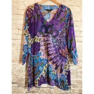 Double Decker Tunic Top Womens XL Purple Peacocks Semi Sheer Sequins Embroidered